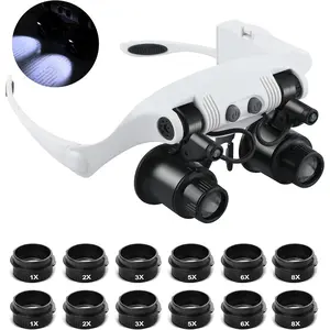 Hands Free Head Magnifying Glasses, Magnifier with Light, 1X, 2X, 3X, 5X, 6X, 8X, Ideal for Jewelry, Eyelash Extensions, Soldering, Craft, Cross Stitch