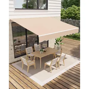 12'x10' Retractable Awning, Waterproof Patio Awning, Sun Shade Awning with Manual Crank Handle, Aluminum Frame, 280 g/㎡ Polyester Fabric, for Deck, Porch, Balcony, Beige, Steel Wires