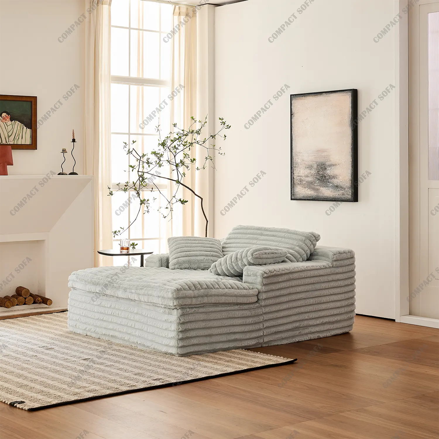 Compact Corduroy Sofa Bed Chaise Lounge - Plush Upholstered Sleeper Chair with Armrests & Throw Pillows, No Assembly Required, Luxurious Living Room Furniture White Aesthetic Storage Custom
