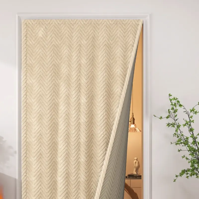 Winter Thick Insulated Door Curtain, Dual-Sided Zigzag Chevron Pattern Windproof Thermal Insulation, Self-Adhesive No Drilling Soundproof Dustproof Home Use, Easy Install Curtain