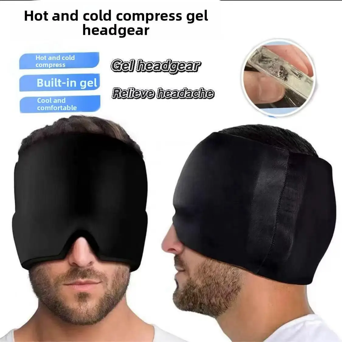 Adults' Solid Black Reusable Gel Sports Head Wrap, 360° Stretch Fabric Hot-Cold Therapy Ice Pack for Parents - Cooling Dual Temp Relief, Freeze/Microwave Compatible