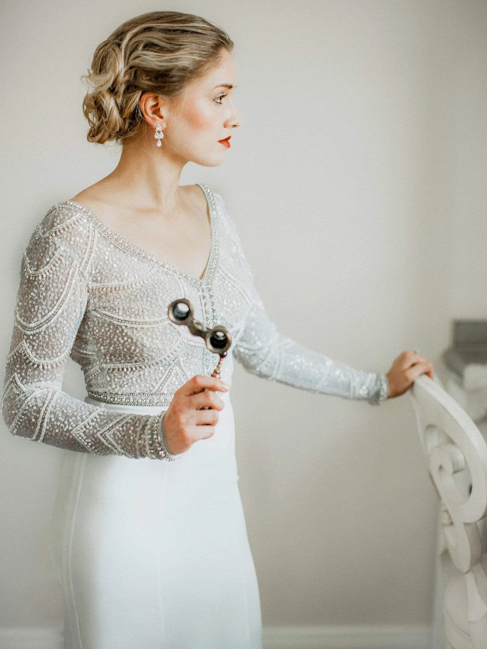Lady's Long Sleeve Western Wedding Dress - Bead-and-Sequin Fit & Flare Vow Dress