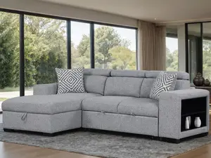 Chatteris Sectional Sleeper Sofa - Gray, Pull-Out Sleeper, Chaise with Hidden Storage, Adjustable Headrests, 102"W x 62.5"D x 35"H, 3 to 4 Seating Capacity