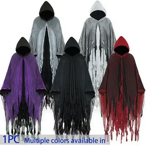 Horror Double-Layer Hooded Cape, Medieval Death Cloak, Witch Vintage Costume, Adult Unisex Festival Dress Up Prop, Halloween Carnival Party Style