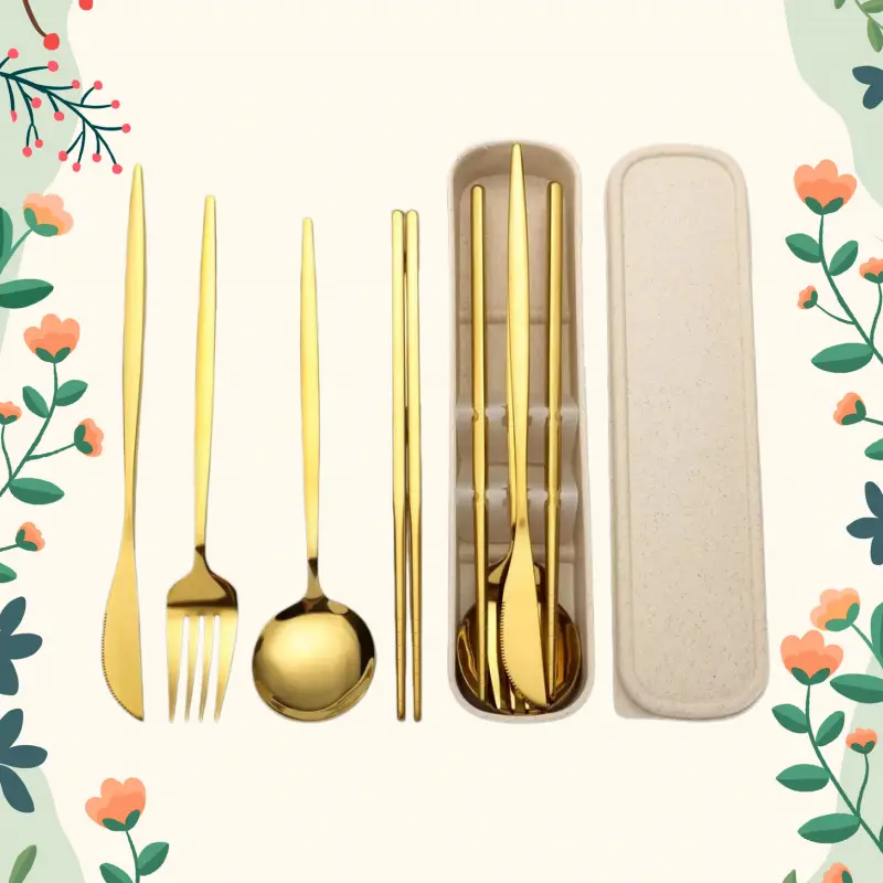 4 Pieces Stainless Steel Flatware Set Portable Reusable Cutlery Set Travel Utensils Set Including Chopsticks Knife Fork Spoon Straws