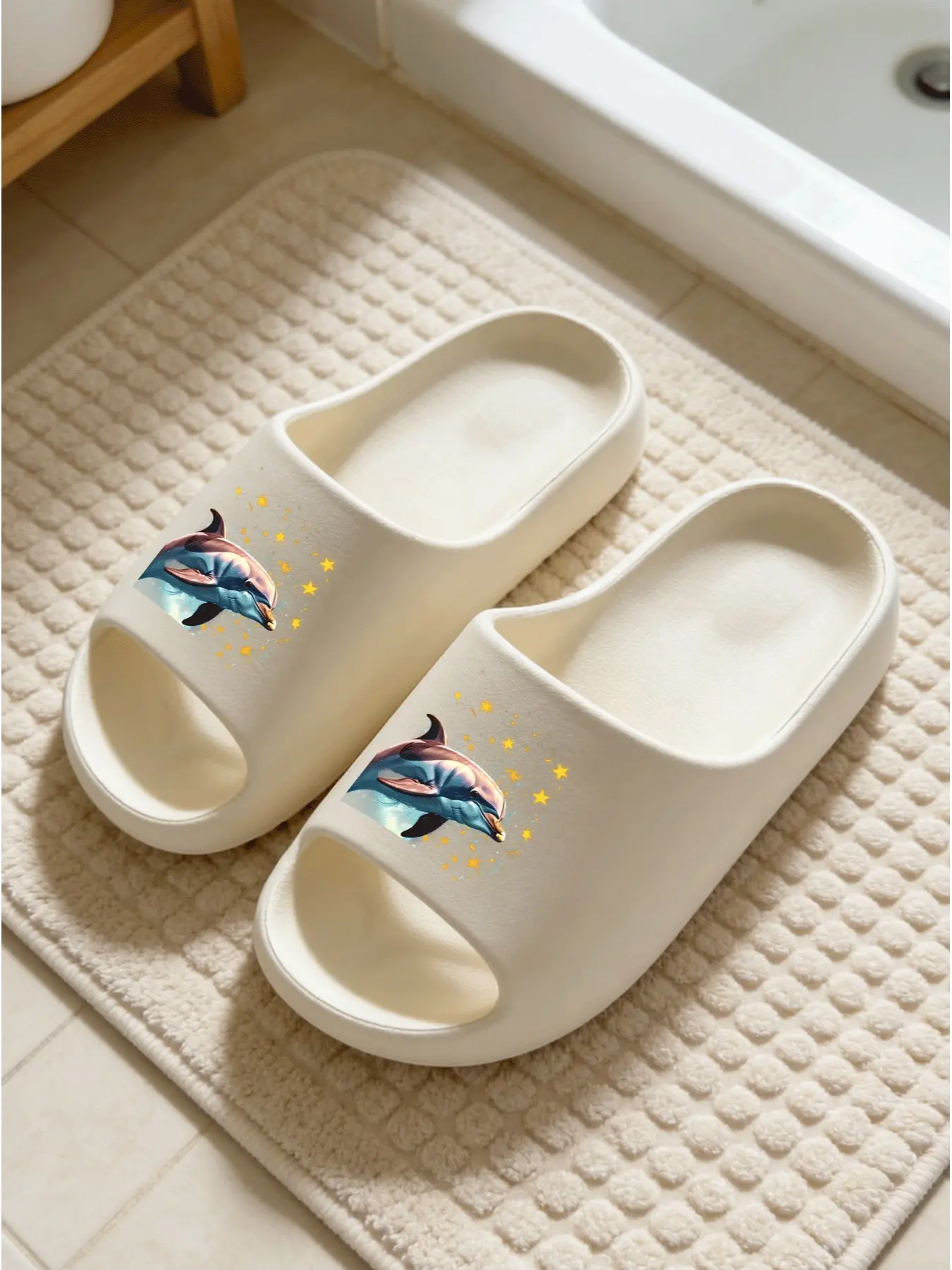 Dreamy Dolphin Star Print Thick Sole Sandals, Ocean Healing Style Non-Slip Bath Slippers, Casual Medium Width Eva Material