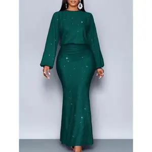 A ray of red Elegant Green Sequin Dress Bodycon Midi Long Sleeve for Women Christmas Party