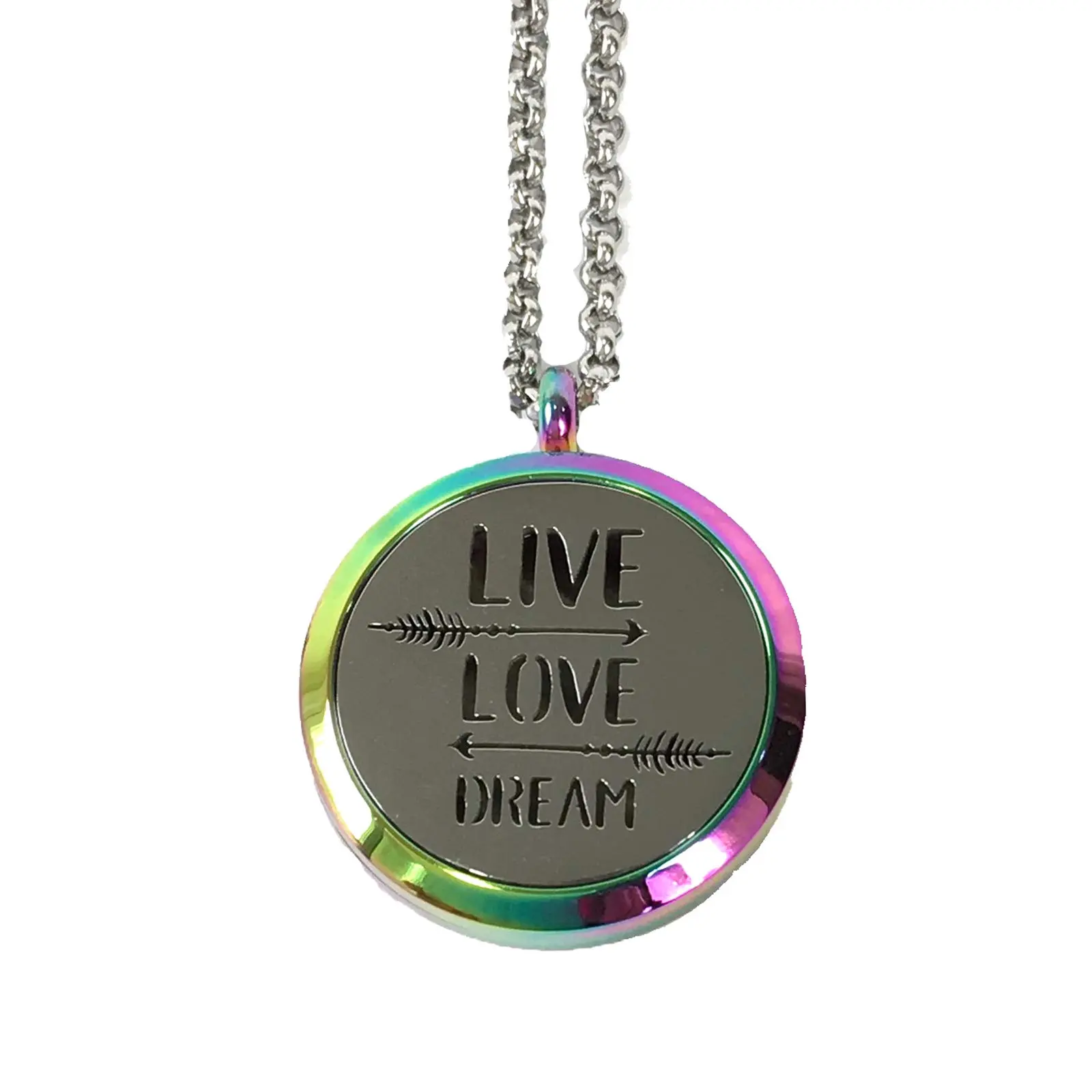B Jewelry Collection Aromatherapy Diffuser Locket Necklace - Live Love Dream Pendant, Rainbow Iridescent Chain, Wearable Chain Jewelry Necklaces with Colorful Pad