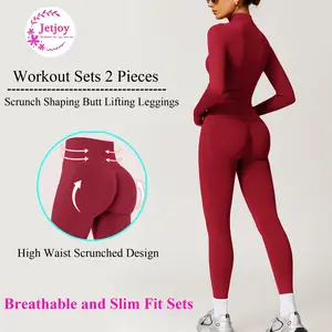 Jetjoy Workout Sets for Women,  Women 2 Piece Seamless Ribbed Workout Sets With Zip Up Jacket+ Mid-Waisted Gym Yoga Leggings