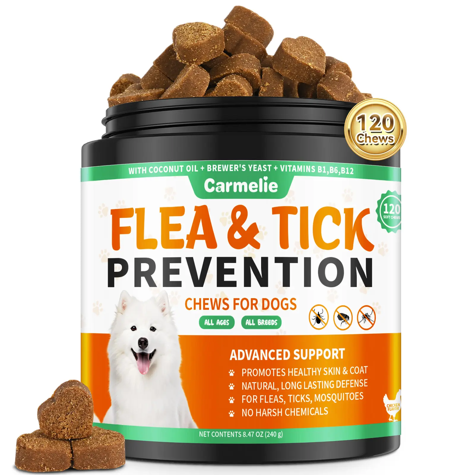 #SummerWins #DealsForYouDays Flea & Tick Prevention Support Chews for Dogs - 120 chews, Plant-Based Chicken Flavor with Probiotics, Coconut Oil, Flaxseed & Fish Oil - Gentle Daily Chews for All Breeds and Ages - Vitamin，1-4pcs