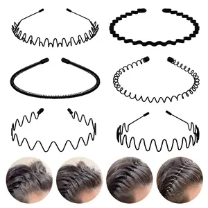CUBIDUPI 6PCS Metal Hair Bands, Spring Wavy Hoop Unisex Black Headband Slicked Back Non Slip Sports Hairband for Women Men…