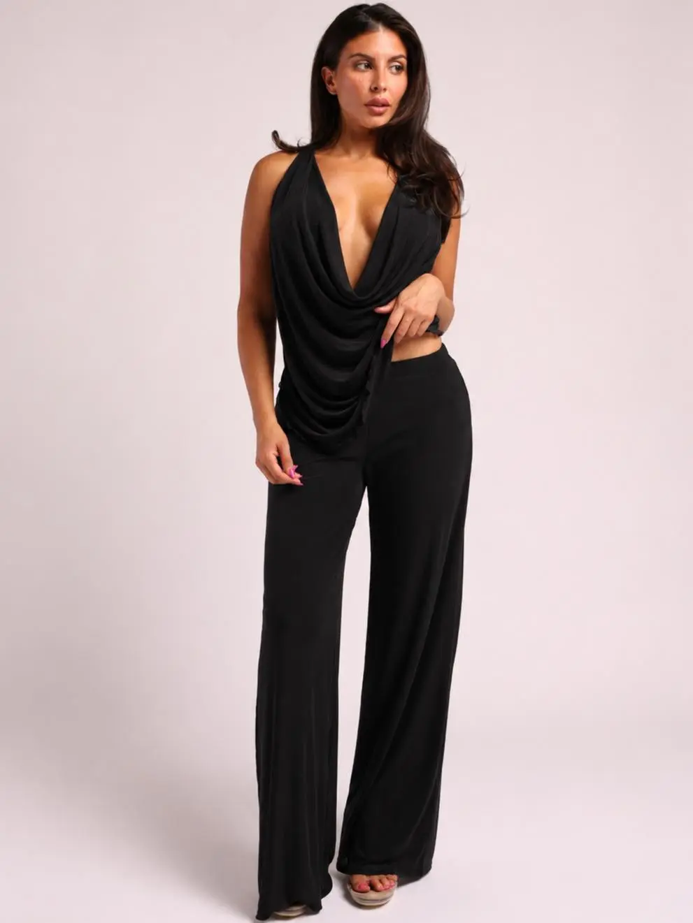 Women's Aphrodite 2-Piece Draped Cowl-Neck Sleeveless Pants Set - Sheer Elastic Mesh Fabric, Elegant Evening Going Out Outfit, Hang Dry | Womenswear Suits & Sets