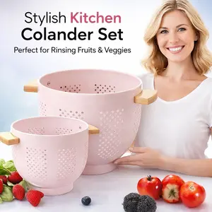 5.5 7 Quart Two-piece set Pink Powder Coated Steel Kitchen Strainer Basket Metal Colander with Wood handle and Stable Base for Draining Pasta Vegetable and Fruit
