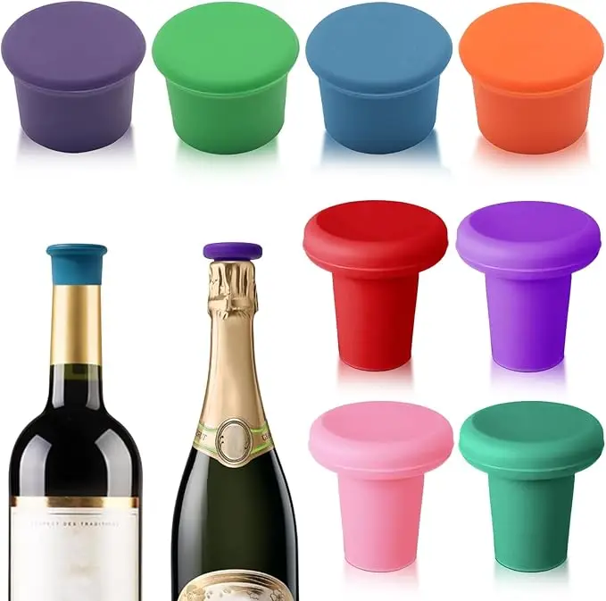 8 PCS Colorful Silicone Stoppers with Ice Molds, Reusable Kitchen & Bar Utensils for Sparkling Drinks & Champagne Bottles, Sealed Caps to Preserve Freshness
