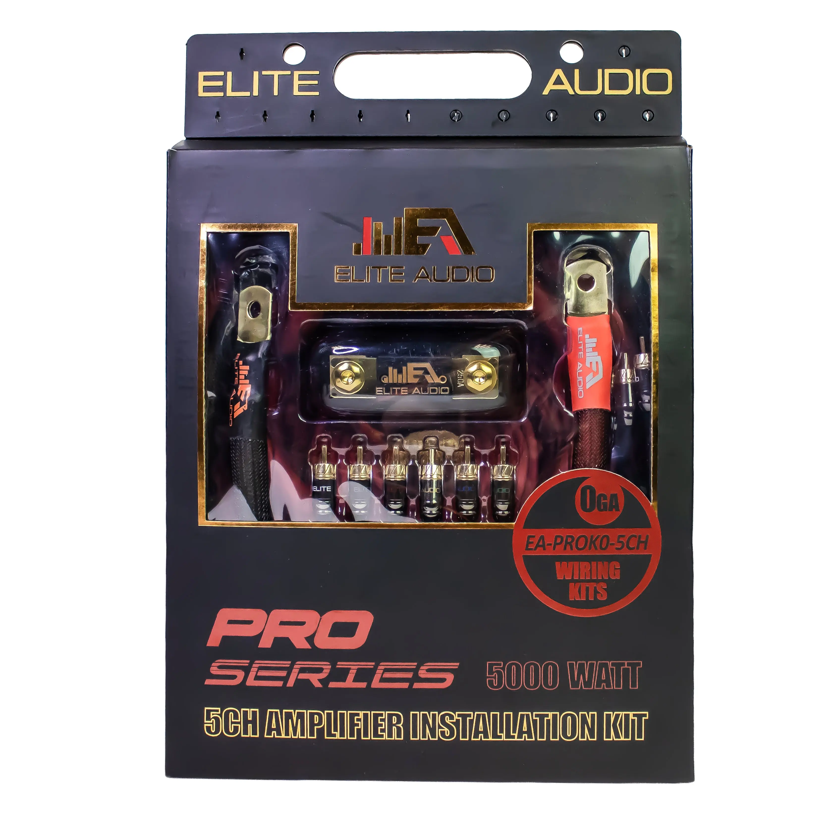 Elite Audio EA-PROK0-5CH Pro Series 0-Gauge 5-Channel Car Amplifier Installation Kit, 5000W, 6-Channel Tinned Copper RCA, 17ft Frosted Orange 0-Gauge Power Cable, 17ft Orange/Grey Dual-Color Speaker Wire, Butt Connectors, Remote & Holder, Car Accessories,