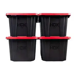 HDX 27 Gal. Tough Storage Tote in Black with Red Lid (4-Pack)