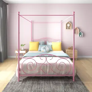 Vintage Metal Canopy Bed Frame - Full/Queen Size, Full Size Canopy Bed with Headboard, Footboard, X-Shaped Structure, All Parts Included for Easy Assembly, Pink/Black, Full Size Bed