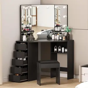Garvee Corner Vanity With LED Lighted Mirror, Vanity Desk With Mirror and Chair, Makeup Vanity With Power Strip, 5 Drawers, Vanity Chair, Dressing Table With Ample Storage, Bedroom Furniture, Black