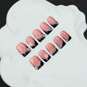 10pcs/Set Handmade Square Nail Tips With French Edge, Bow, Flower, Bead Elements, Y2K Baddie Style, Nude & Black Color, Flower Design Nails, Suitable For Party, Daily Wear, Includes Tool Kit, Gift For Women & Girls Press On Nails, Nail Extensions