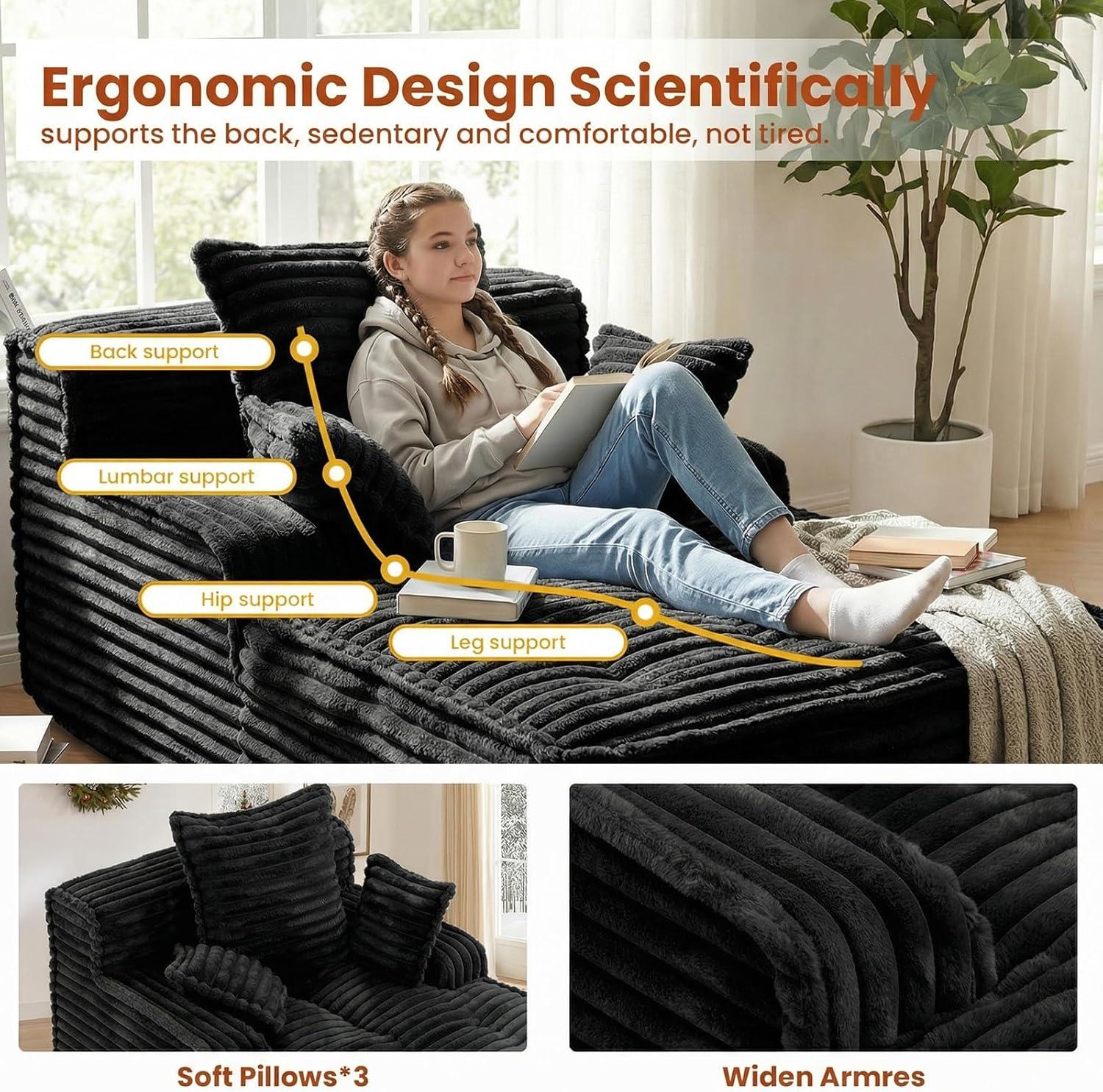 Winzoo Boneless Chaise Lounge Chair Indoor, Corduroy Small Boneless Sleeper Sofa with 3 Pillows & Wide Armrest, Fluffy Comfy Chase Lounge Indoor, Compression Boneless Couch for Living Room