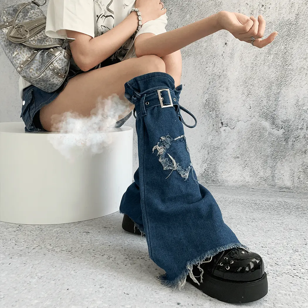 Y2K Sweet Edgy Baddie Blue Washed Denim Leg Warmers Star Tie-Up Flared Stackable Sock Sleeves Subculture Trendy Fashion ltem