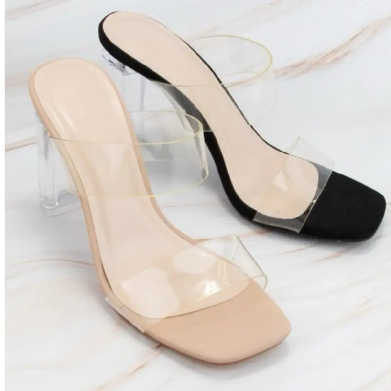 Thea Heels - CLEAR DOUBLE-STRAP UPPER, TRANSPARENT HEELED MULE SLIP-ON STYLE NUDE, WHITE: PU LEATHER BLACK:  PU LEATHER HEEL HEIGHTS: 3.85"
