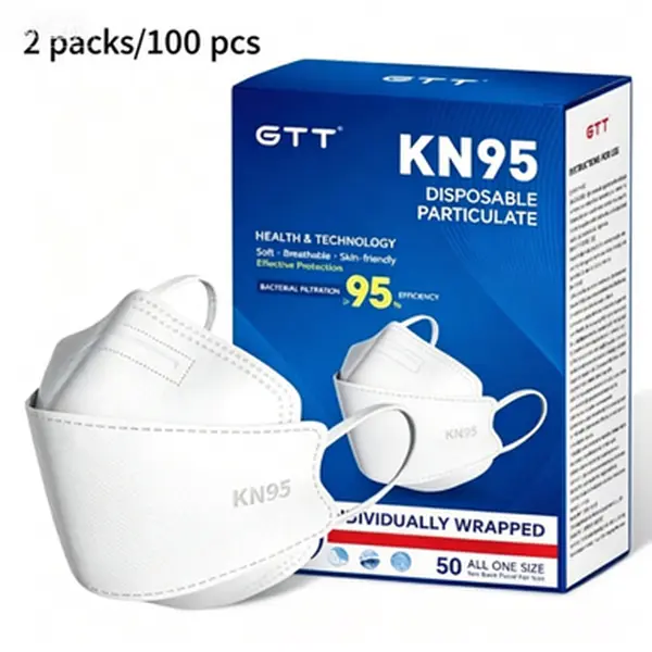 GTT KN95 Disposable Protective Face Masks (100 PCS) - Unisex Adults' 5-Ply Non-Woven Fish-Shaped Individually Wrapped Respirators with 95% Filtration Efficiency, Breathable, Flexible for Daily Protection, Compact Storage Box, Custom Tight Seal