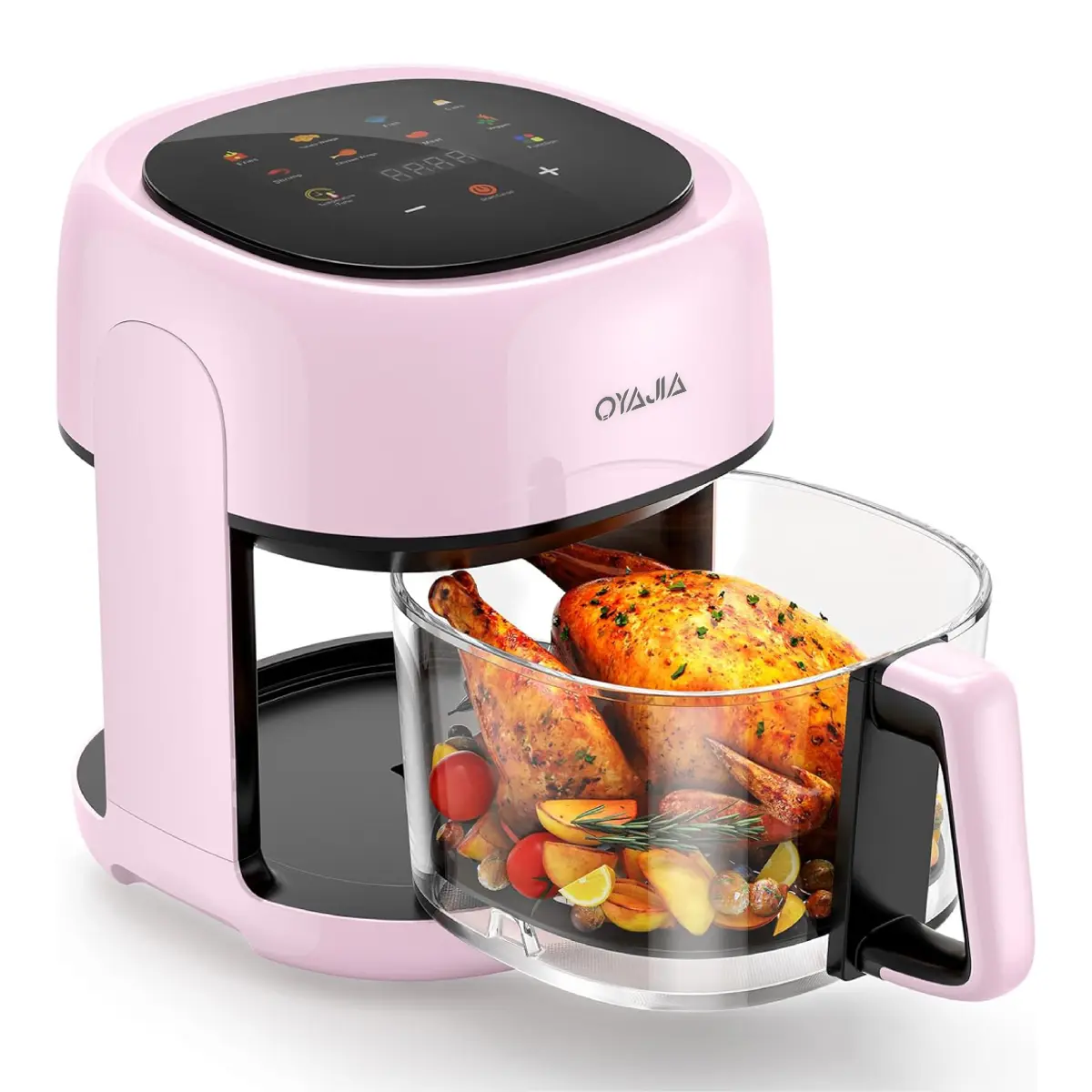 OYAJIA Pink Glass Air Fryer - 4.2QT Oil-Less Healthy Multifunctional Small Fryer with 1-Click Start, Touchscreen Controls, Oil-Less Cook, 110V-1200W, 175°F-375°F, US Plug, Kitchen Appliance for Dorm Use