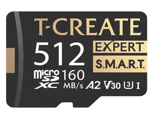 TEAMGROUP 512GB T-Create Expert S.M.A.R.T Monitored A2 microSDXC UHSI-I/U3 V30 4K High speed memory card with adapter, Compatible with GoPro, Insta360, Speed up to 160MB/s (TTCS512GIA2V3003)