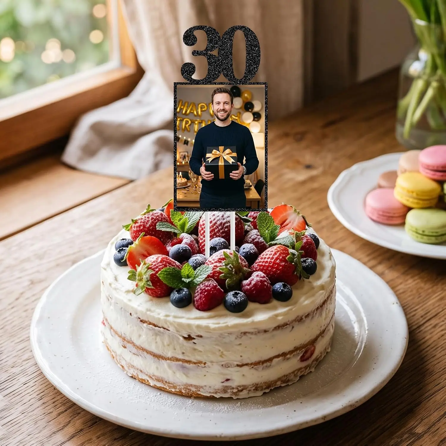 30th Birthday Photo Cake Topper for Women & Men, Black Glitter Happy 30 Picture Holder Cake Decoration, Cheers to 30 Years Birthday Party Supplies