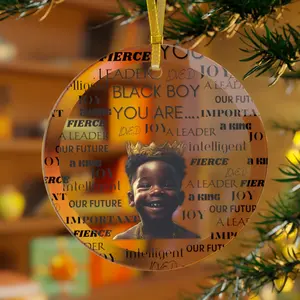 Printify Round Black Boy Beveled-Edge Glass Ornament - 3.5 in, Gold Ribbon Christmas Tree Decor, Gift for Him