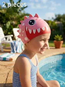 2-Pack Shark Kids Swim Caps, Swim Bonnet, Silicone Cartoon Swimming Hats, Waterproof Comfort High Elasticity, Suitable for Boys and Girls, Ages 3-10