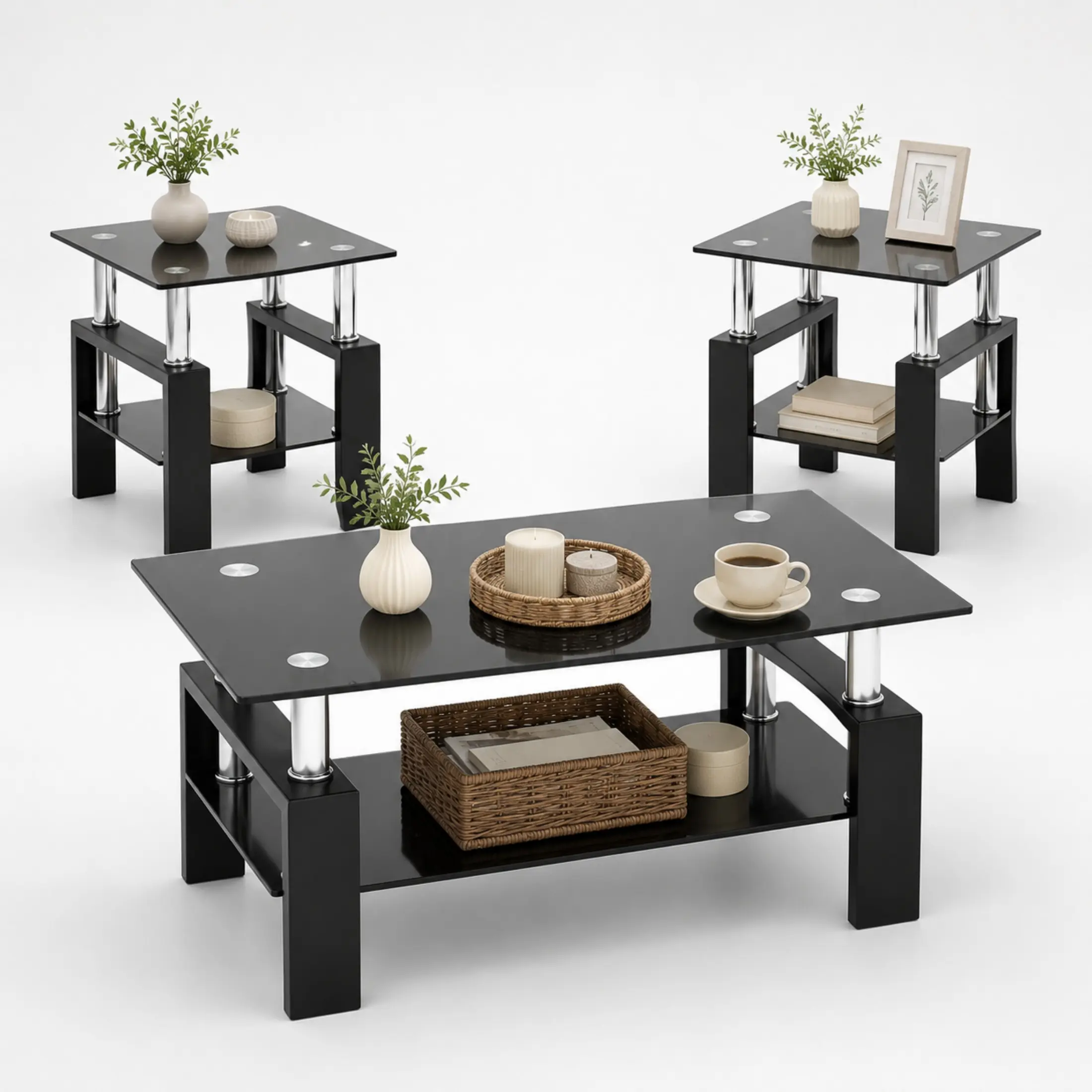 3-Piece Glass Coffee Table & End Table Set, Double Layer Tempered Glass Tables with Metal Frame for Living Room Apartment