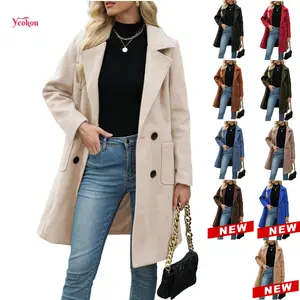 Yeokou Women's Warm Winter Wool Blend Coat Mid-Length Double-Breasted Notch Lapel Outerwear Casual Fashionable Polyester Blend
