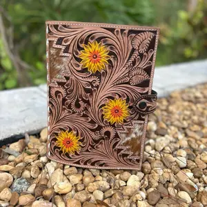 Cowhide tooled leather Bible or book cover. Sunflower cowhide book protector