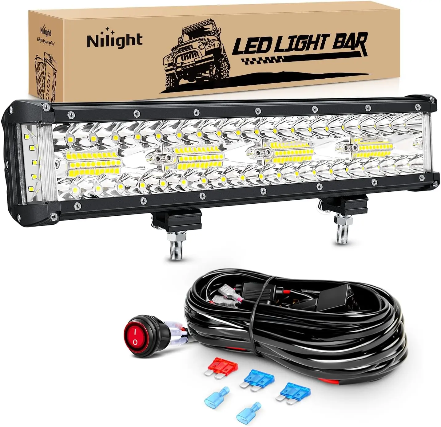 Nilight 12-Inch Heavy Duty Aluminum Side Shooter Triple Row LED Light Bar - Spot-Flood Combo Lighting Kit with Wiring Harness, Back-Up Light for Trucks, SUVs, Indoor and Outdoor Uses