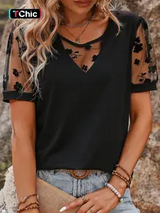Women's Plain Floral Lace Splicing Tee, Fitted Casual Shortsleeve Tshirt for Summer, Ladies Clothes for Daily Wear, Top, Casual Breathable Top