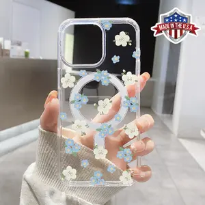 Watercolor Small Flowers Pattern Magnetic Phone Case Supports Wireless Charging for iPhone 15 16 14 Pro Max 13 12 11 XR XS Plus Shockproof Non Slip Protection Silicone Transparent Acrylic Large Hole Cover Cellphone Protective