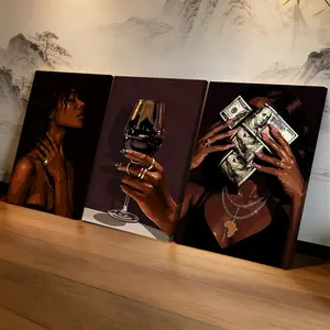 3 Counts Wooden Framed Canvas Painting, Elegant Woman Wine And Money Art Images, Exquisite Poster, Perfect Living Room Decoration, Modern Art, Fashion Family Poster, Wall Art Decoration, Waterproof Art