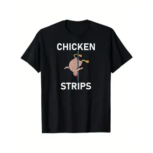 Men'S Retro Chicken Strips Graphic T-Shirt - Funny "CHICKEN STRIPS" Design with Cartoon Chicken, Black Short Sleeve Tee for Casual Wear, All-Season Comfort, Chicken T Shirt