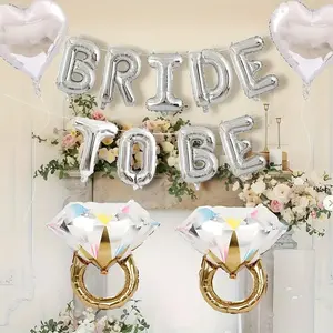 15-Piece Silver Color Bride Balloon Set, Includes Rhinestone Ring, Bride Letter Banner, Heart Foil Balloons, Wedding Party Decorations