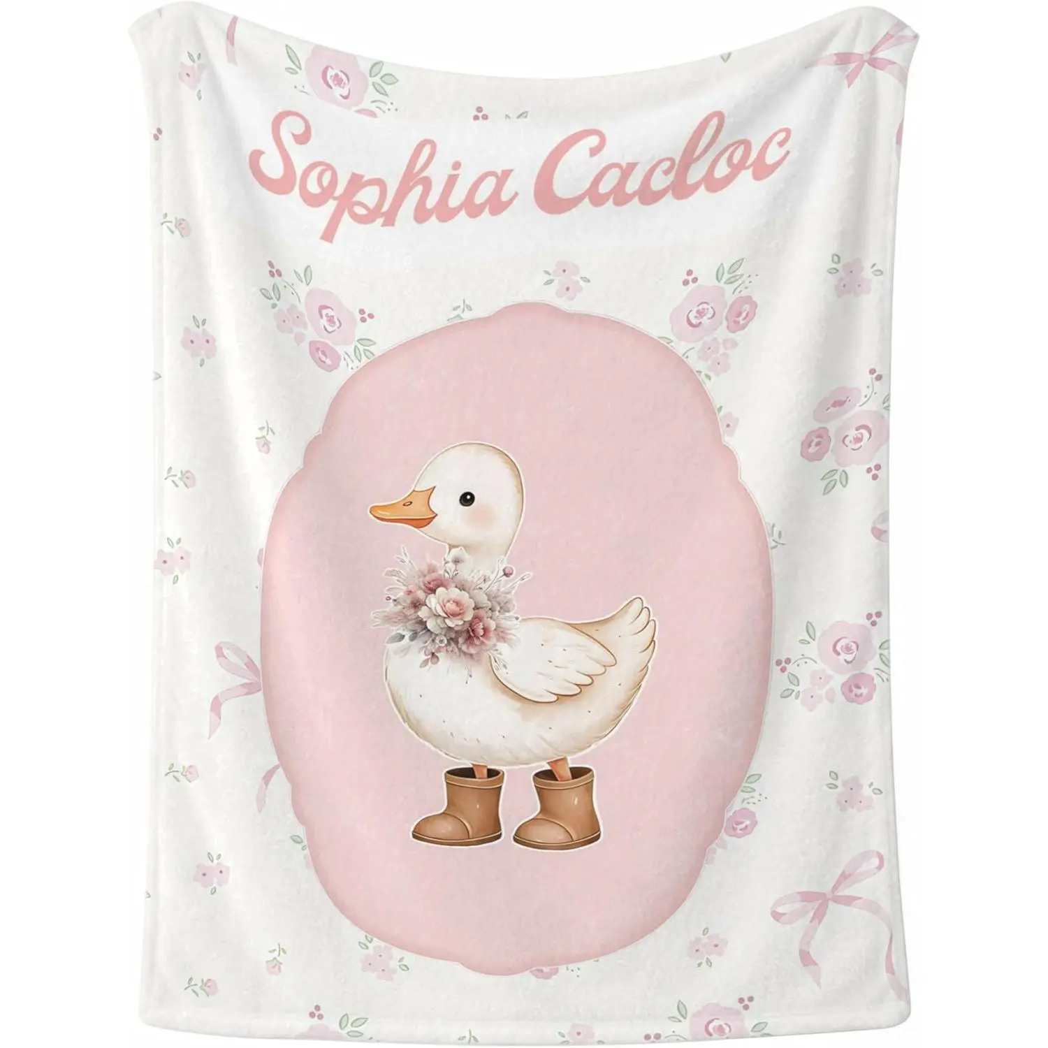Personalized Goose Animal Theme Blanket - Cozy Aesthetic Soft Fleece & Flannel, Floral Print, Cute Goose with Flower Necklace & Boots, Safe Materials, Customized Infant Baby Gifts, Gentle Bedding Decor Throw, Customized Gifts