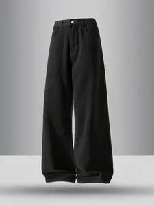 Men's Solid Wide Leg Jeans, Relaxed Fit Jeans, Loose Casual Comfy Minimalist Denim Trousers for Daily Wear, Woven Bottoms for All Seasons