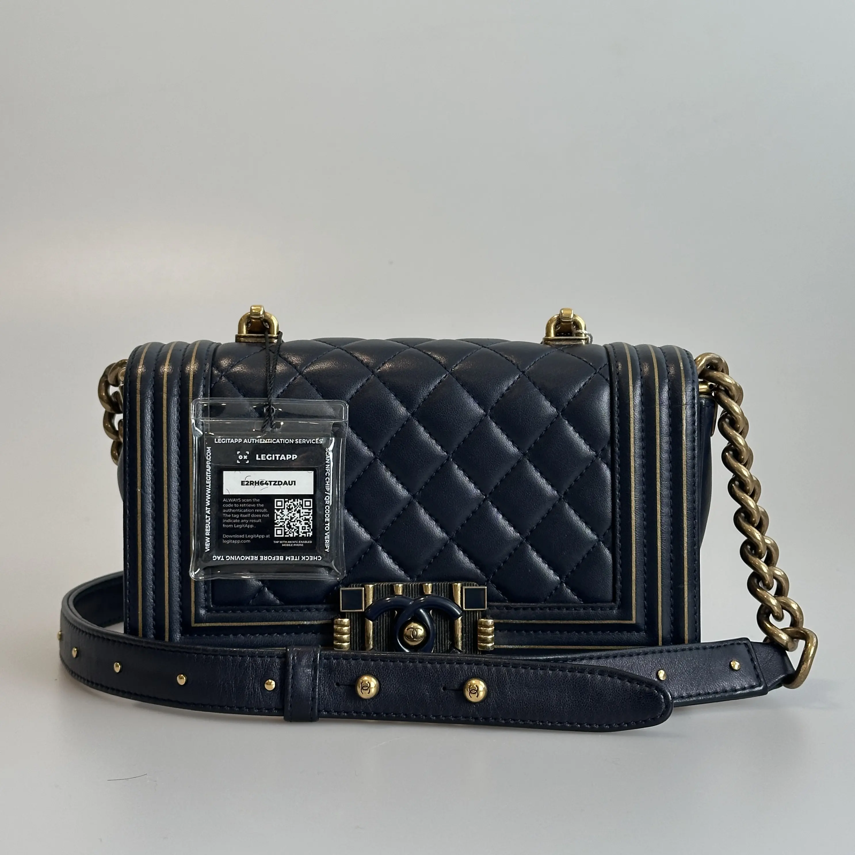 Pre-owned CHANEL Lambskin Crossbody Bag Le Boy Small Blue Quilted with Enamel Clasp 41527362