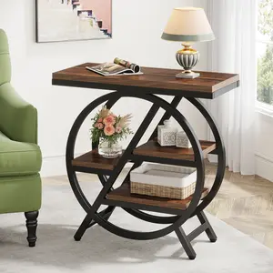 LITTLE TREE End Table for Living Room, 3-Tier Narrow Side Table with Storage, Wood Sofa Side Table with Geometric Metal Frame, Industrial Nightstand and Bedside Table for Bedroom