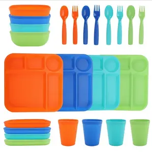 24-Piece Colorful Plastic Dinnerware Set – Plates, Bowls, Trays, Cups, Forks & Spoons – Orange, Blue, Aqua, Green