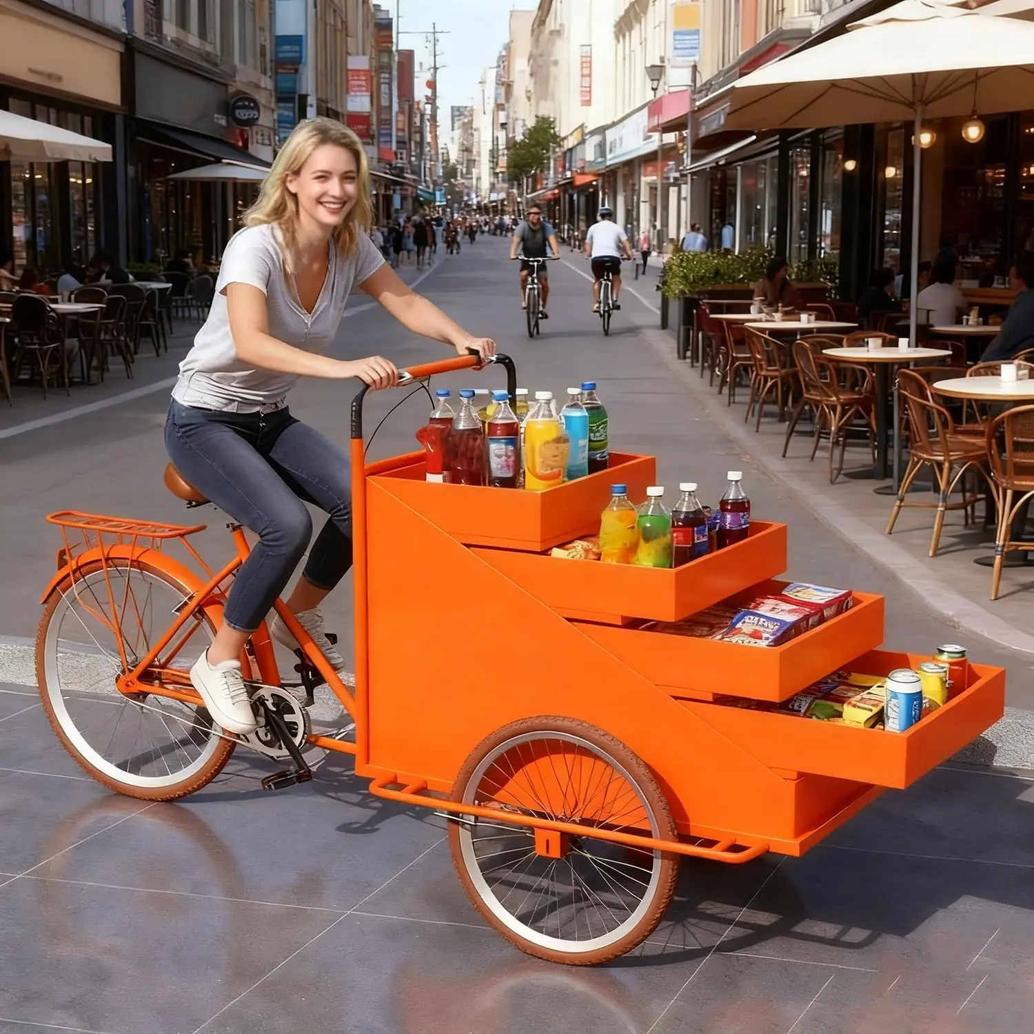 Reverse Riding Tricycle with 4-Layer Display Rack, Mobile Tricycle Vending Wagon, Commercial Mobile Food Tricycle, Flower Display Stand, for Retail and Delivery Use,Orange