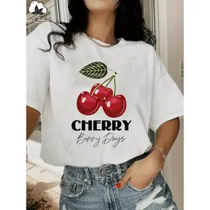 Cherry, CHERRY Printing, 100Cotton Women'S Casual Short Sleeve,Sisters Dress, Necessary for Outdoor Travel, Women'S Tshirt, Spring And Summer Tshirt