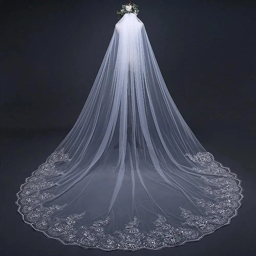 Marry Bridal US Flowery Wedding Veil Lace Trim Bridal Veil Embroidered Lace Veil Cathedral/Chapel Length Transparent Sequin Veil,custom veil
