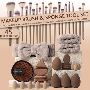 1/20/45 Piece Makeup Tool Set, Makeup Tools Set, Includes 20 Brushes, Cosmetic Brushes, 4 Powder Puffs, 4 Mini Cushion Puffs, 4 Sponges, Ultra Soft Velvet, All Skin Types, Foundation Blend Beauty sponge, eye and corner design, Makeup Brush Set